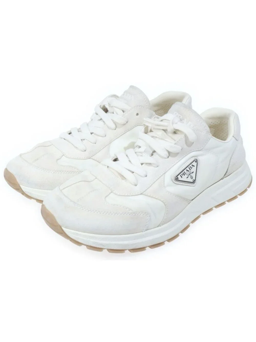 Prada Scamosciato Nylon Suede Linylon Triangle Logo Low Cut Sneakers White
